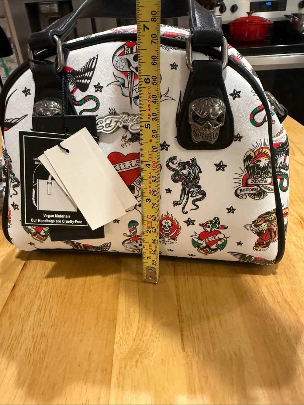 Ed Hardy White Tattoo Print Dome Satchel with Skull Hardware - Picture 15 of 16